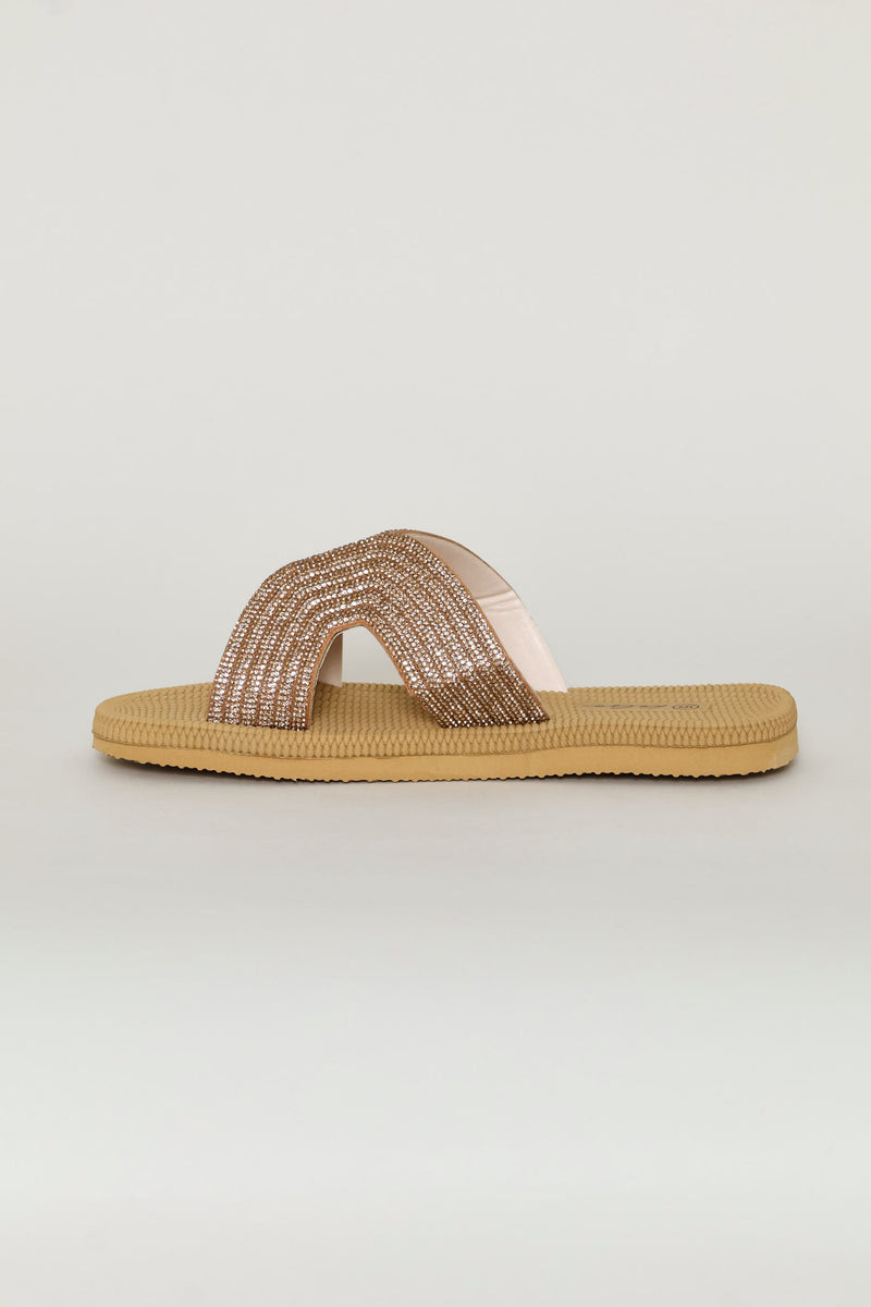 Wide Diamante Cross Strap Mule Sandal - Rose Gold
