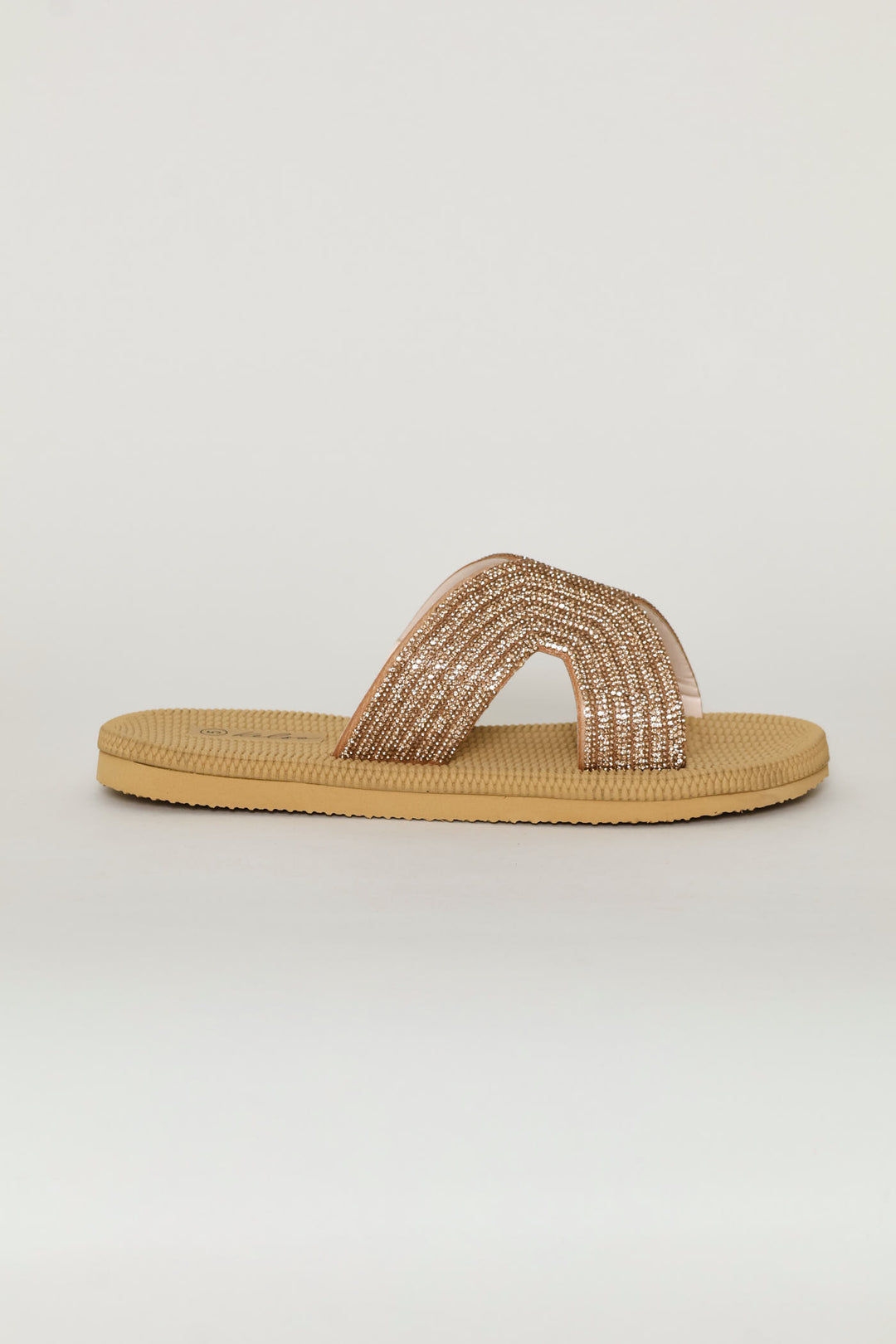 Wide Diamante Cross Strap Mule Sandal - Rose Gold