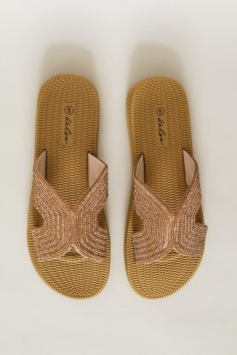 Wide Diamante Cross Strap Mule Sandal - Rose Gold