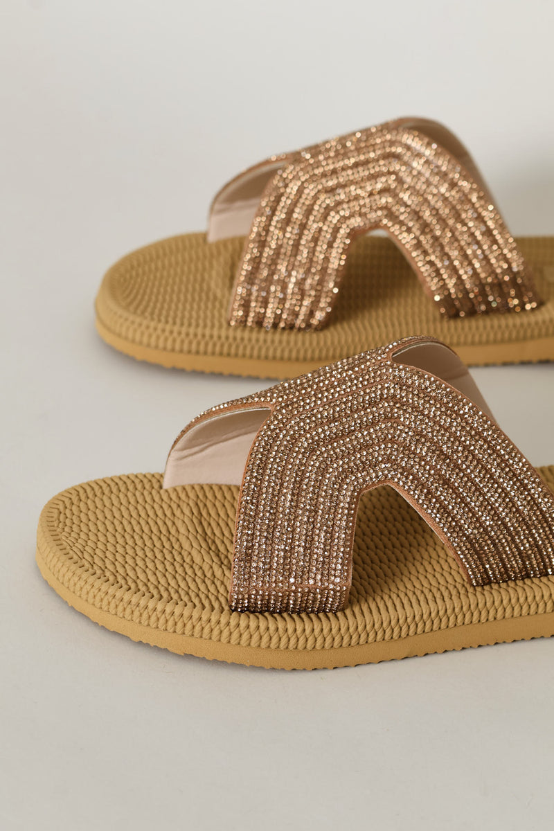 Wide Diamante Cross Strap Mule Sandal - Rose Gold