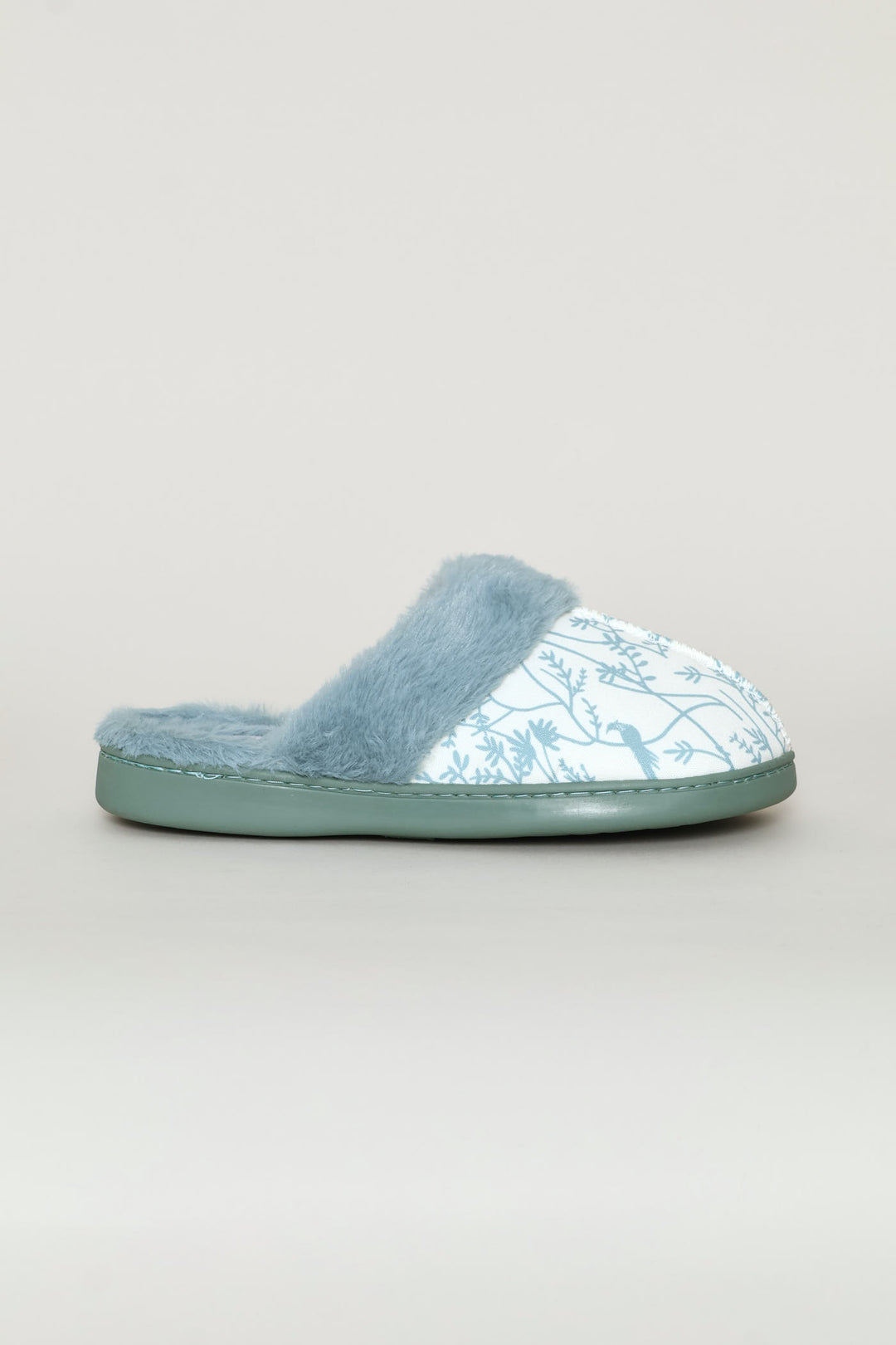 Printed Closed Toe Slipper With Faux Fur Trim - Blue