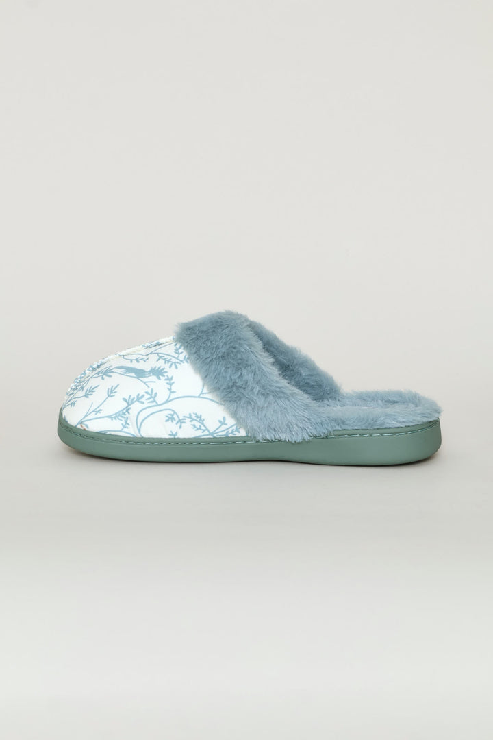 Printed Closed Toe Slipper With Faux Fur Trim - Blue