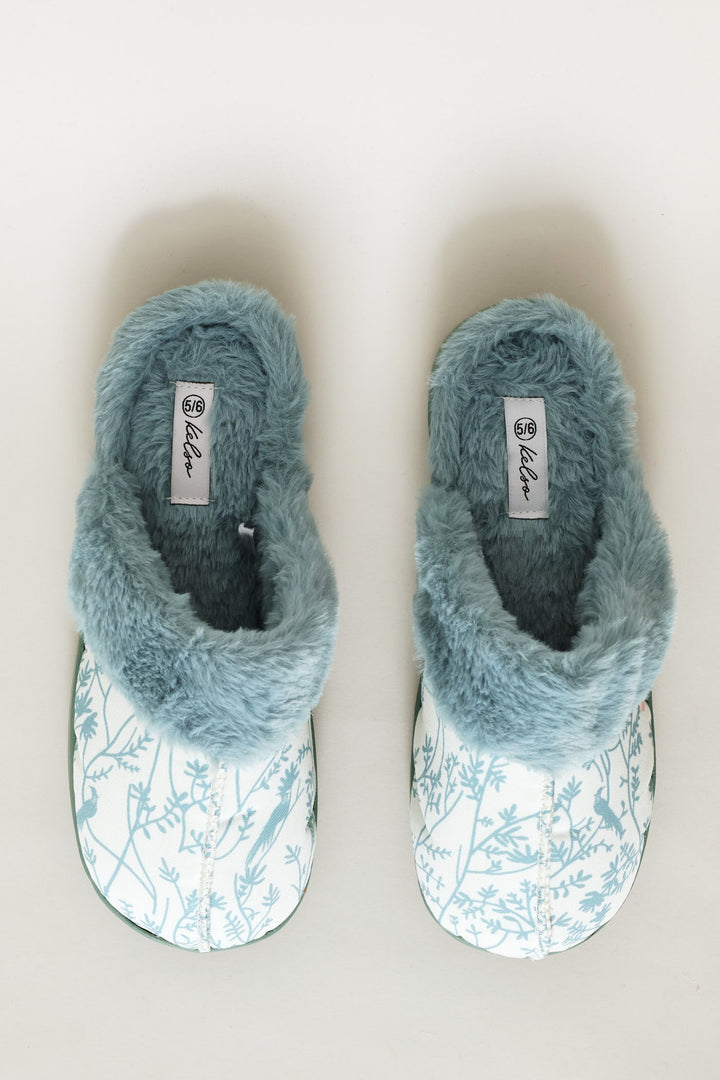Printed Closed Toe Slipper With Faux Fur Trim - Blue