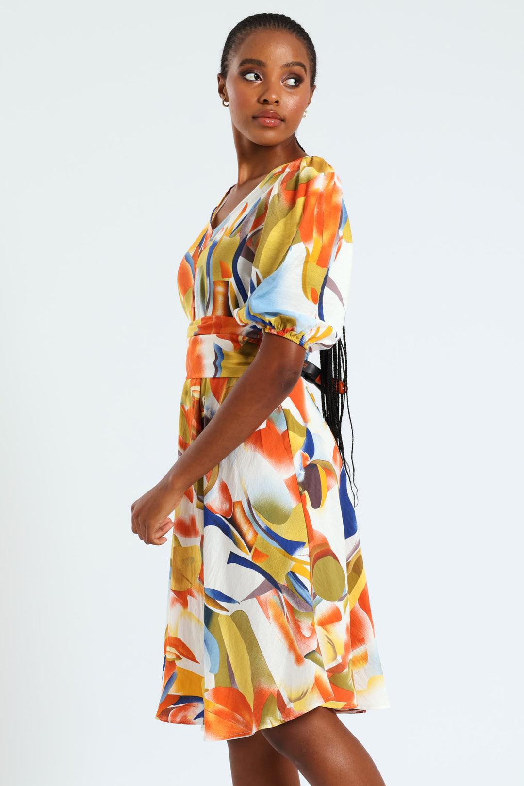 V-Neck Bandage Waist Fit & Flare Mini Dress - Multi