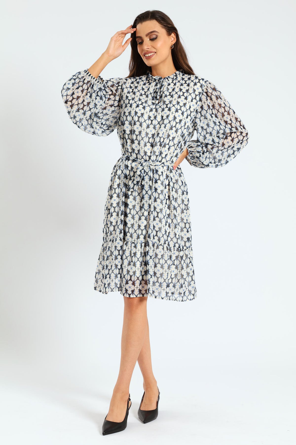 Tie Up Belted Peasant Tea Dress White/Blue Edgars
