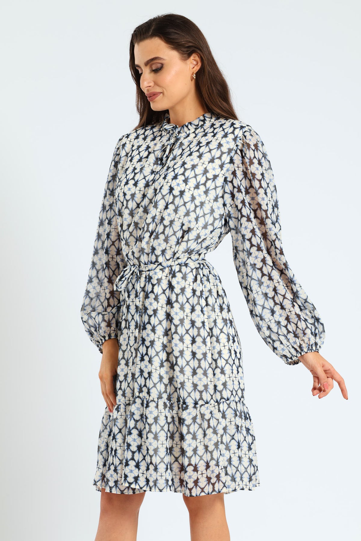 Tie Up Belted Peasant Tea Dress White/Blue Edgars