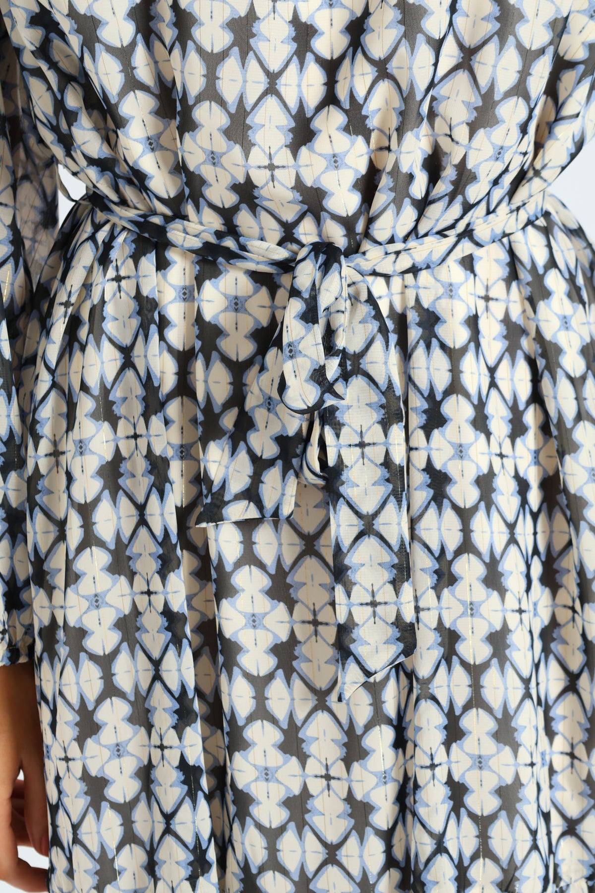 Tie Up Belted Peasant Tea Dress White/Blue Edgars