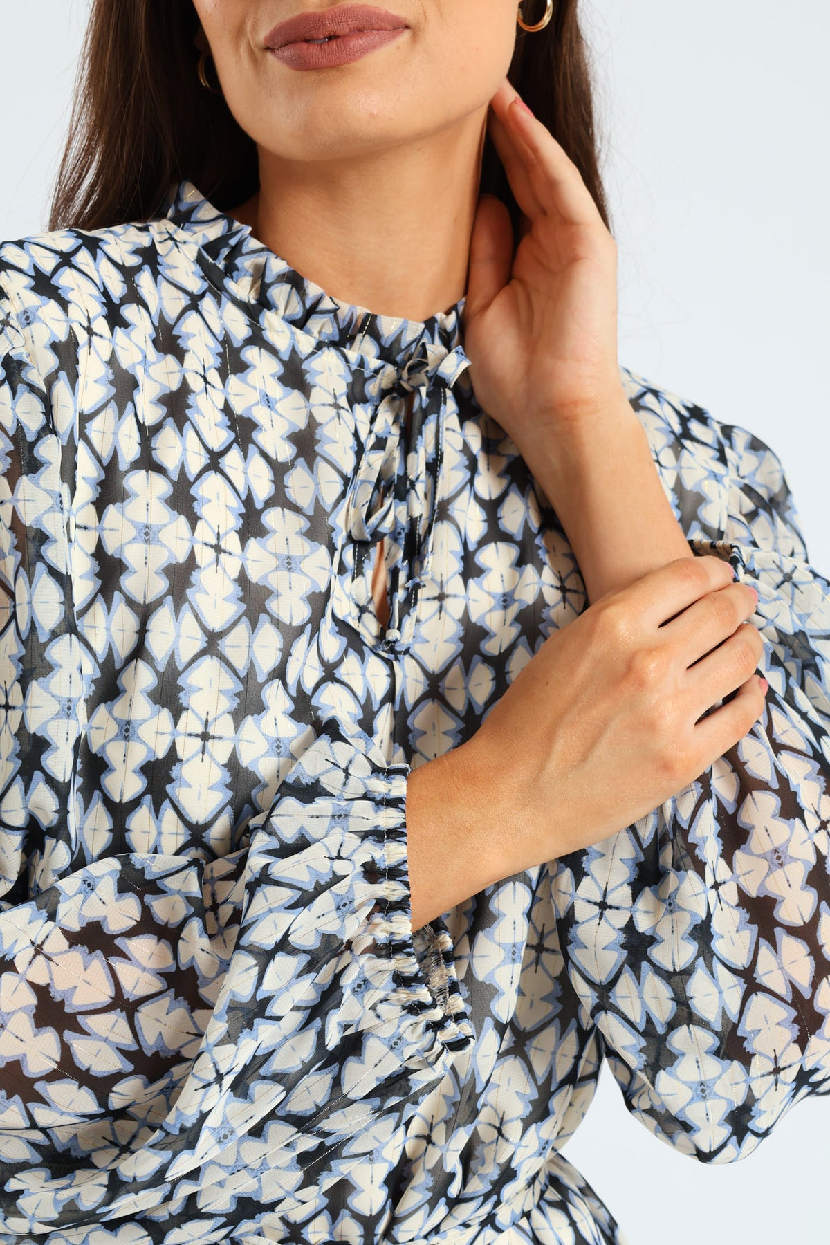 Tie Up Belted Peasant Tea Dress White/Blue Edgars