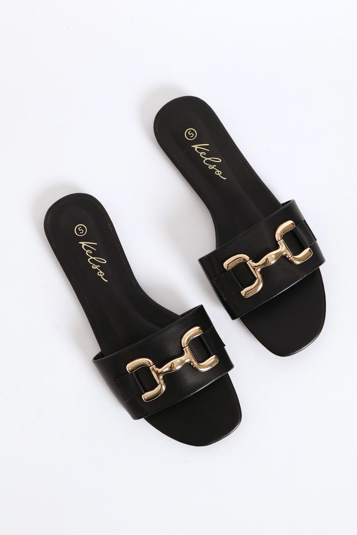 Metal D-Bar Single Band Mule Sandal - Black