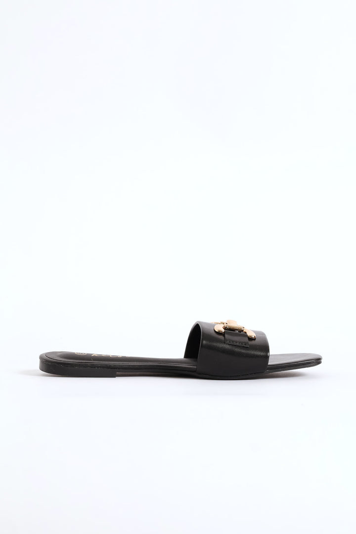 Metal D-Bar Single Band Mule Sandal - Black