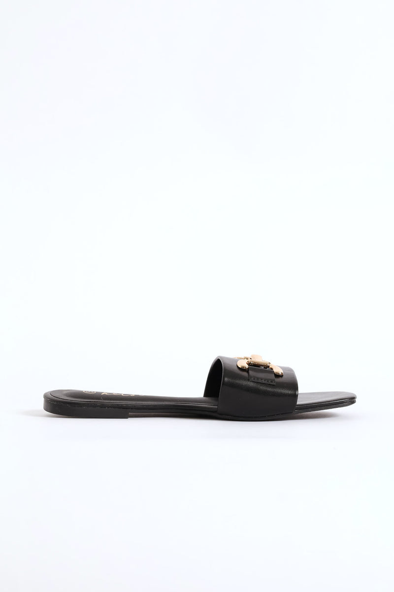 Metal D-Bar Single Band Mule Sandal - Black
