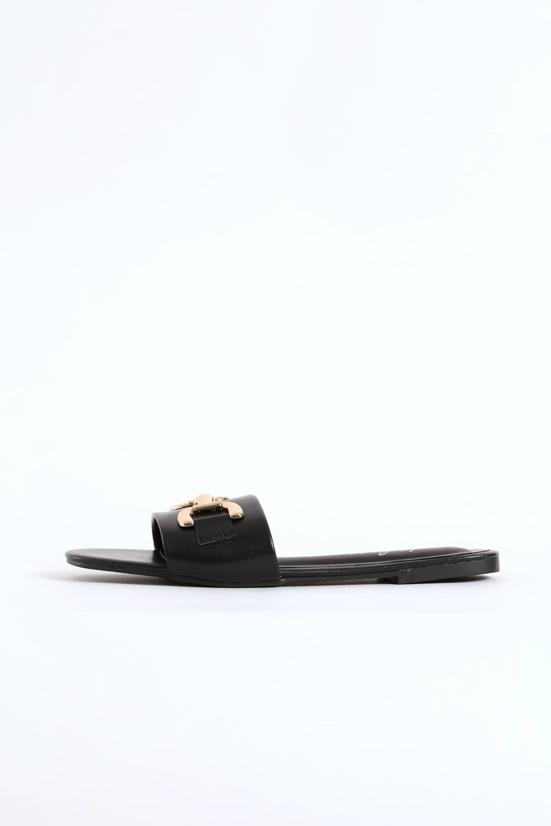 Metal D-Bar Single Band Mule Sandal - Black