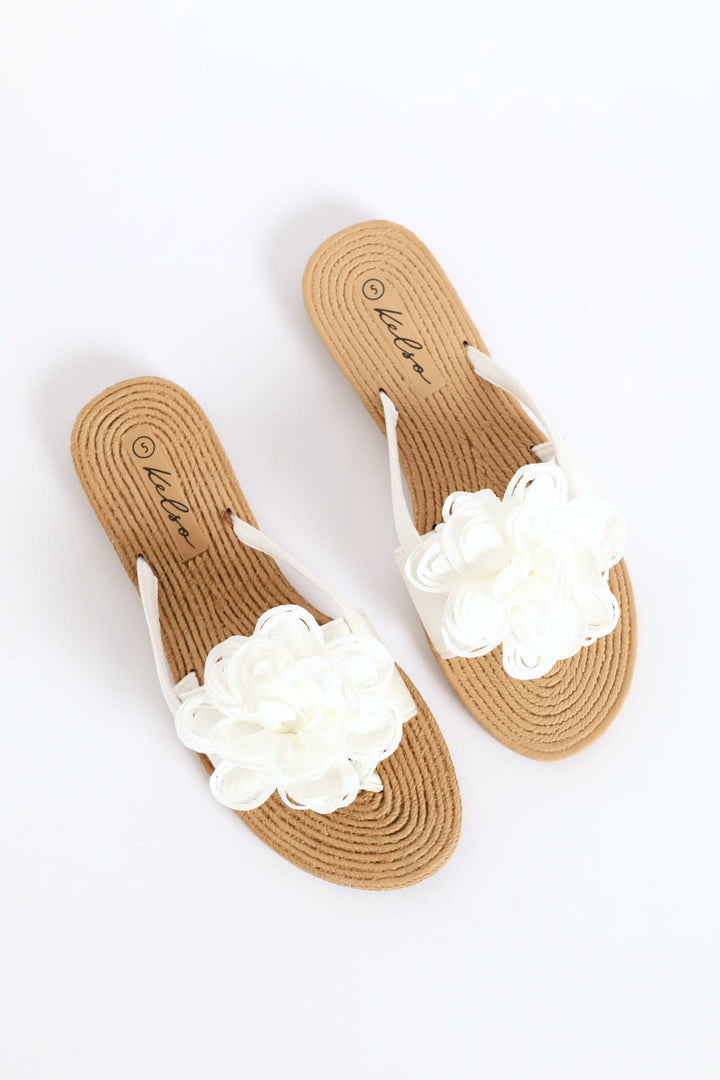 Big Flower Detail Thong Sandal - White
