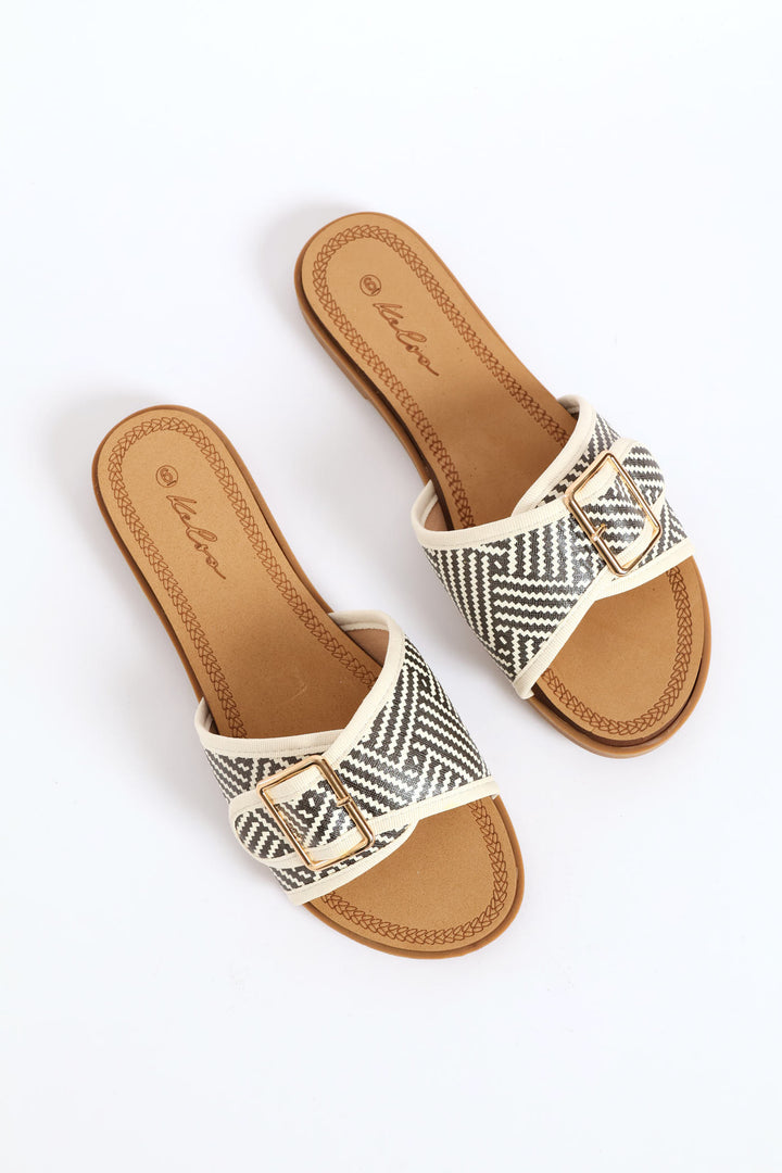 Single Band Buckle Detail Print Mule Sandal - Black/Beige