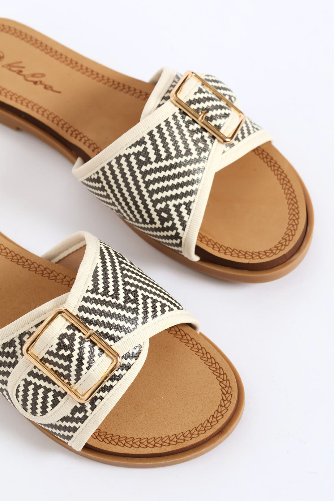 Single Band Buckle Detail Print Mule Sandal - Black/Beige