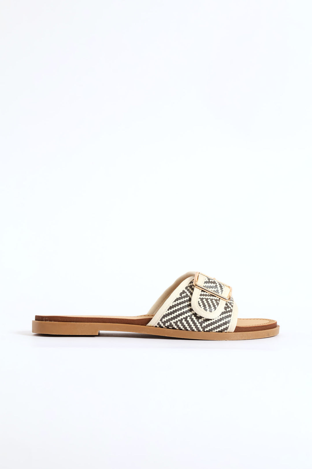 Single Band Buckle Detail Print Mule Sandal - Black/Beige