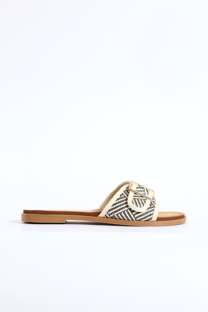 Single Band Buckle Detail Print Mule Sandal - Black/Beige