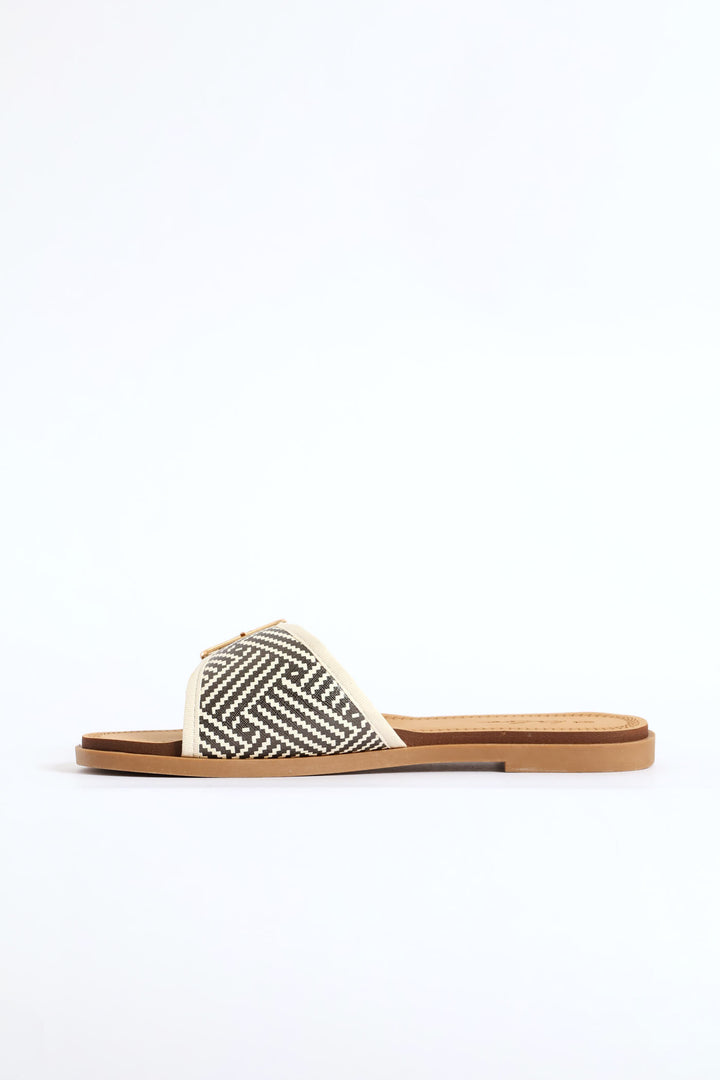 Single Band Buckle Detail Print Mule Sandal - Black/Beige