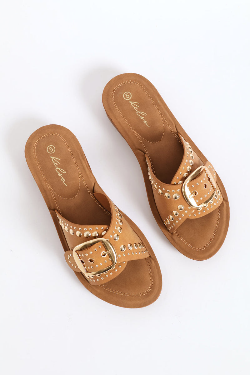 Buckle & Stud Detail Comfort Outsole Mule Sandal - Tan