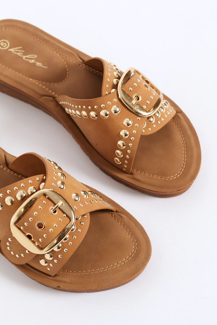 Buckle & Stud Detail Comfort Outsole Mule Sandal - Tan
