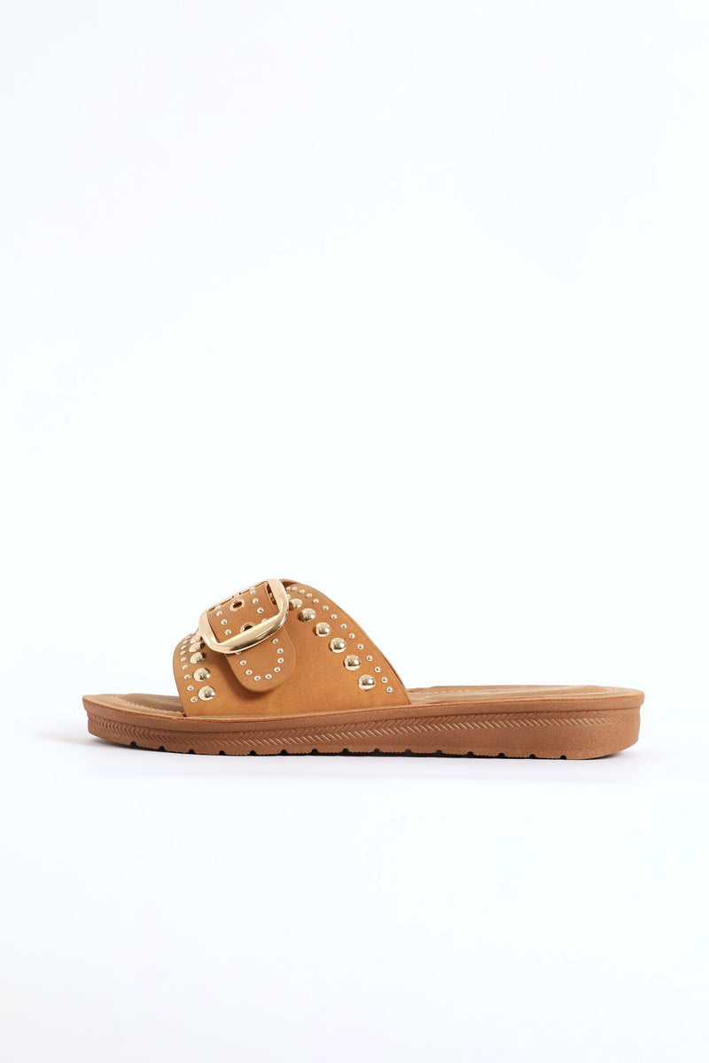 Buckle & Stud Detail Comfort Outsole Mule Sandal - Tan