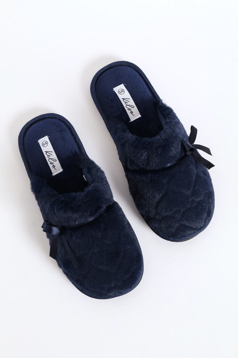 Satin Bow Detail Closed Toe Slipper - Navy