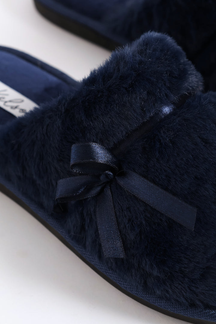 Satin Bow Detail Closed Toe Slipper - Navy