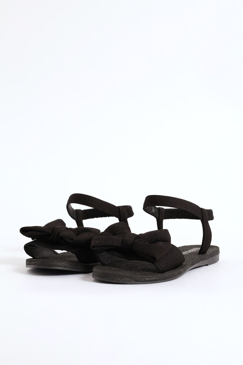 Elasticated Ankle Strap Bow Single Band Sandal  - Black