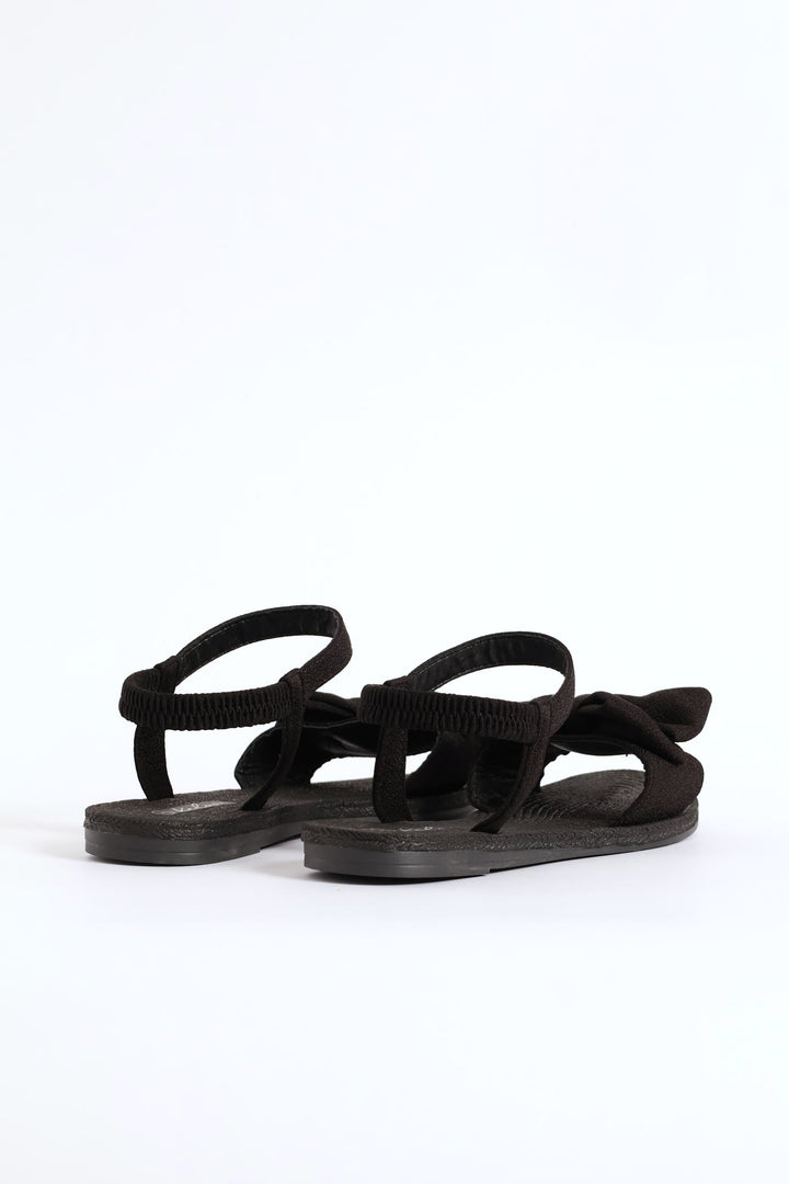 Elasticated Ankle Strap Bow Single Band Sandal  - Black