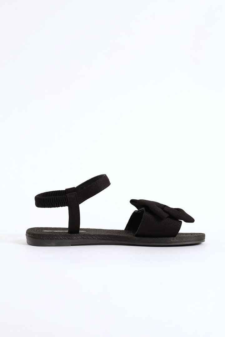 Elasticated Ankle Strap Bow Single Band Sandal  - Black