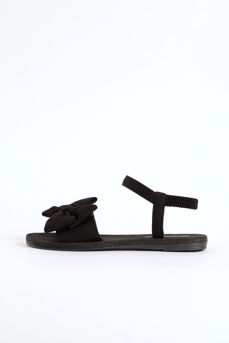 Elasticated Ankle Strap Bow Single Band Sandal  - Black