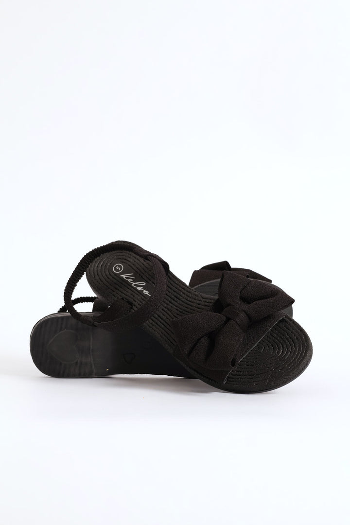 Elasticated Ankle Strap Bow Single Band Sandal  - Black