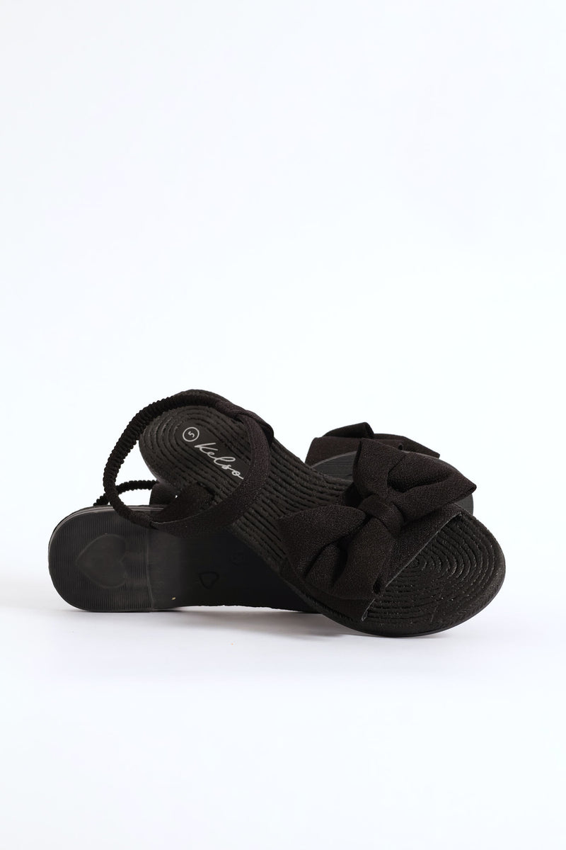 Elasticated Ankle Strap Bow Single Band Sandal  - Black
