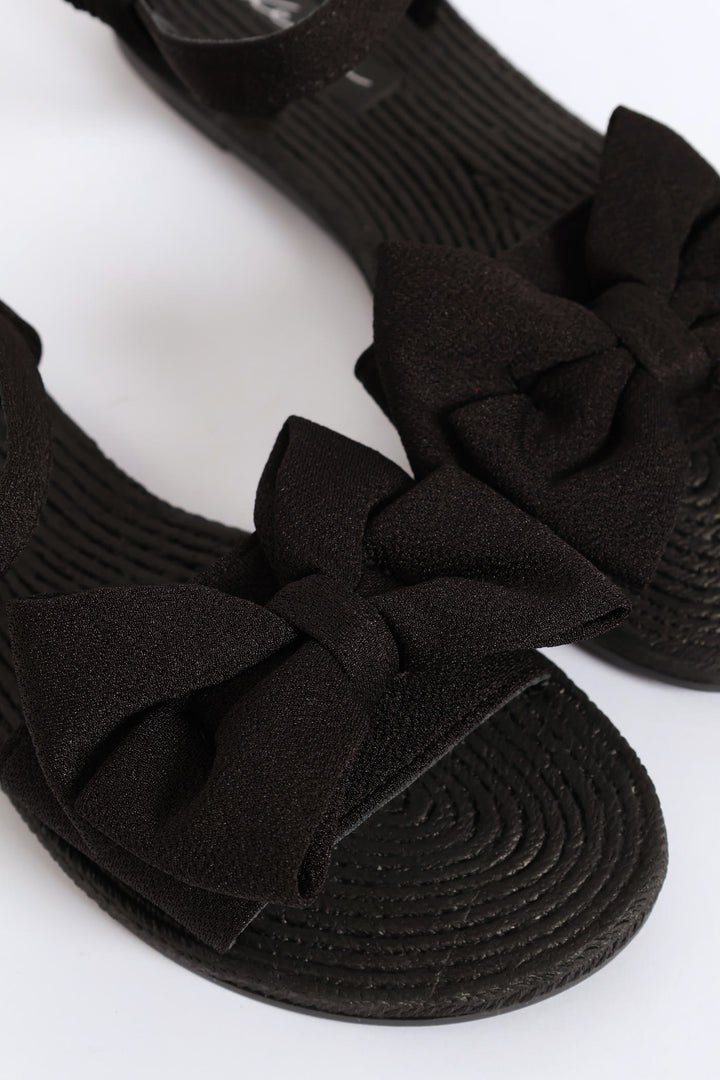 Elasticated Ankle Strap Bow Single Band Sandal  - Black