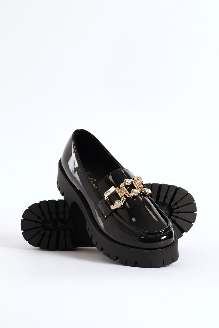 Jewel Trim Chunky Loafer - Black