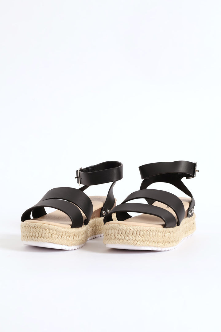 Girls Multi Strap Espadrille Wedge Sandal - Black