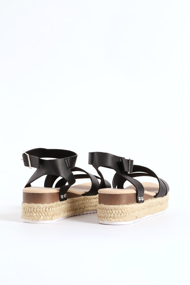 Girls Multi Strap Espadrille Wedge Sandal - Black