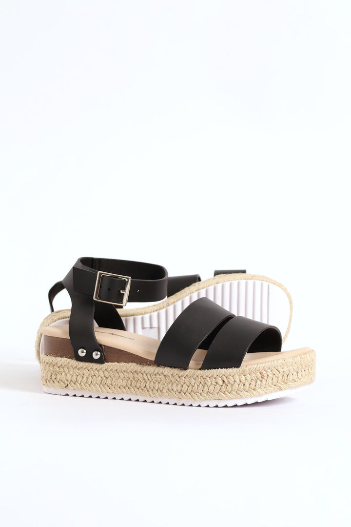 Girls Multi Strap Espadrille Wedge Sandal - Black