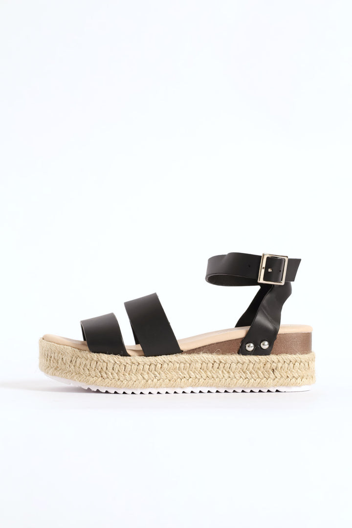 Girls Multi Strap Espadrille Wedge Sandal - Black