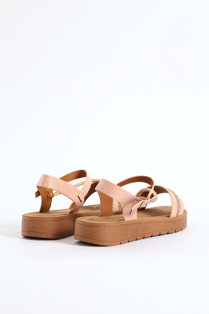Crosstrap Diamante Detail Single Band Sandal - Blush