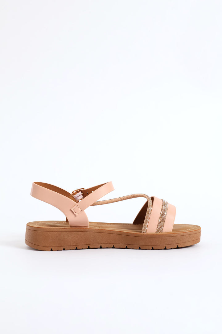 Crosstrap Diamante Detail Single Band Sandal - Blush