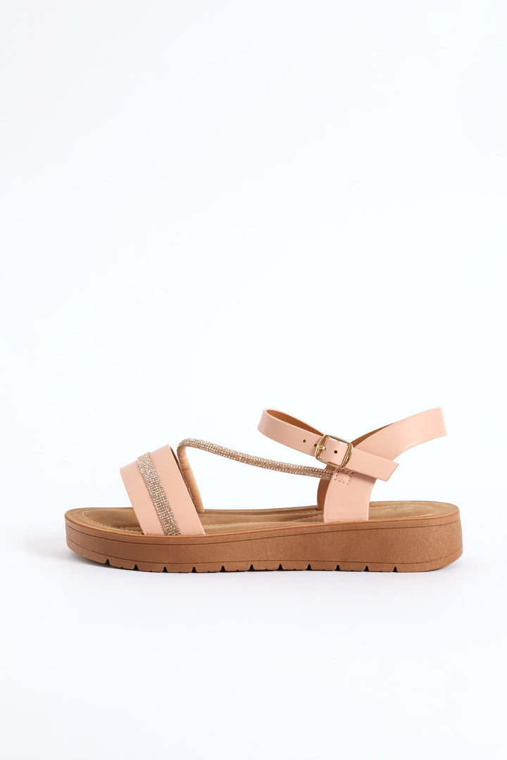 Crosstrap Diamante Detail Single Band Sandal - Blush