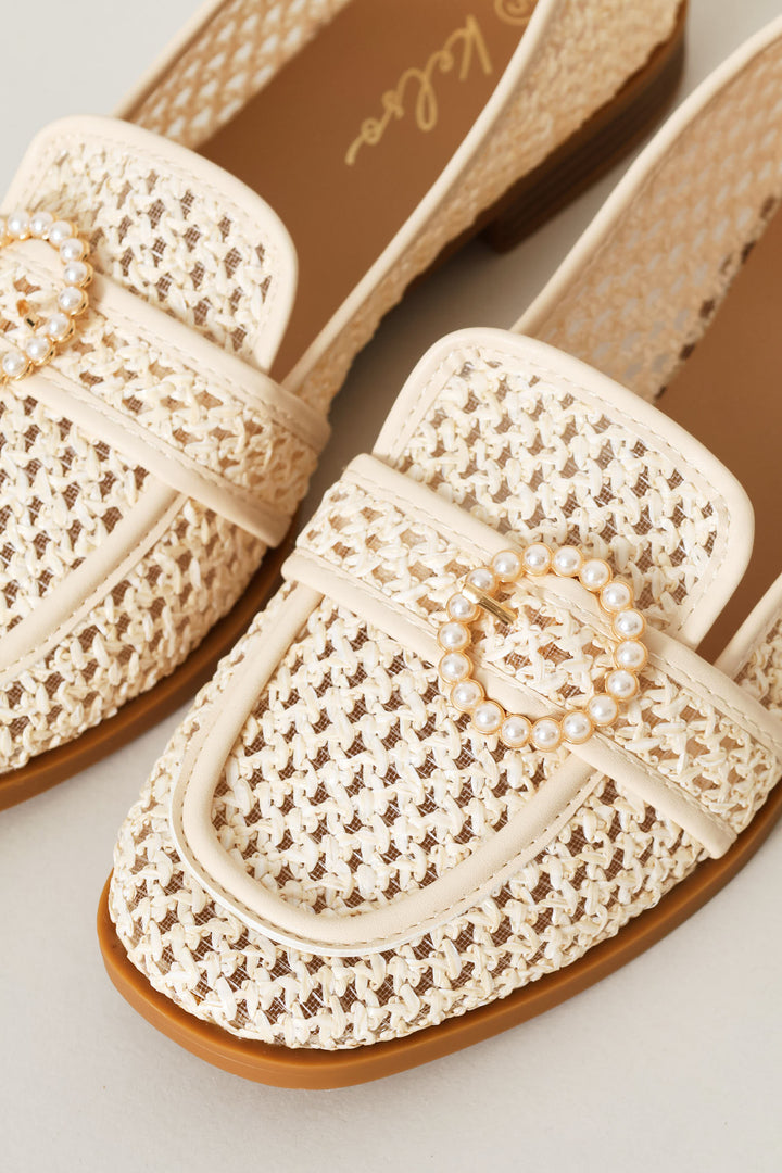 Raffia Square Toe Embellished Buckle Loafer - Natural