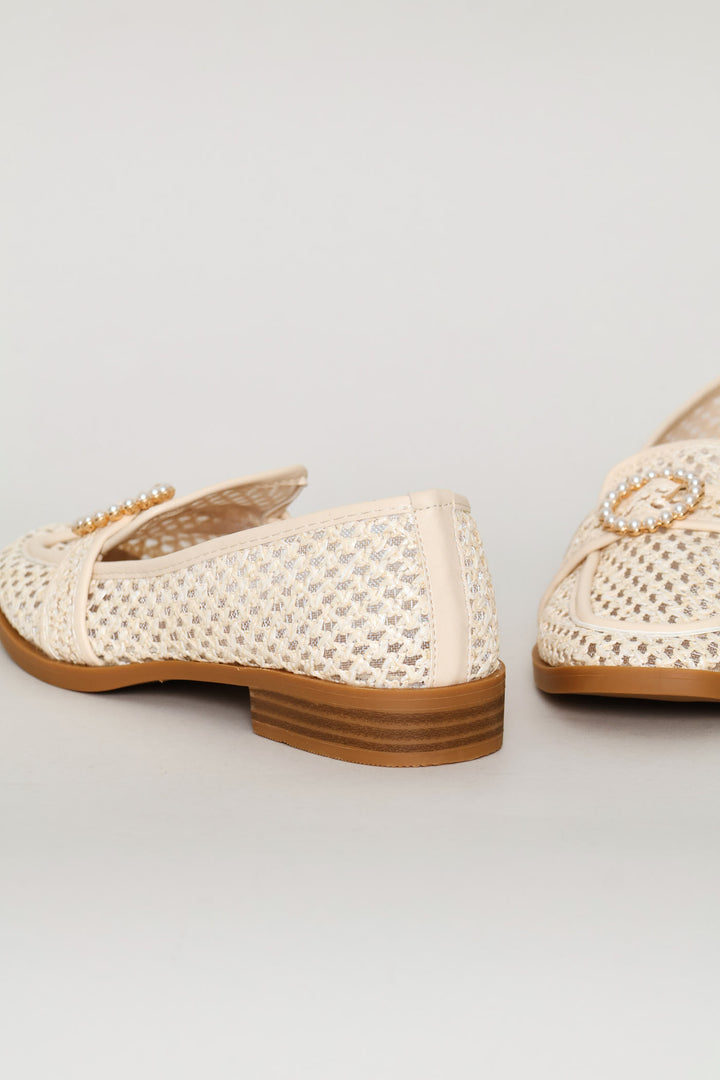 Raffia Square Toe Embellished Buckle Loafer - Natural