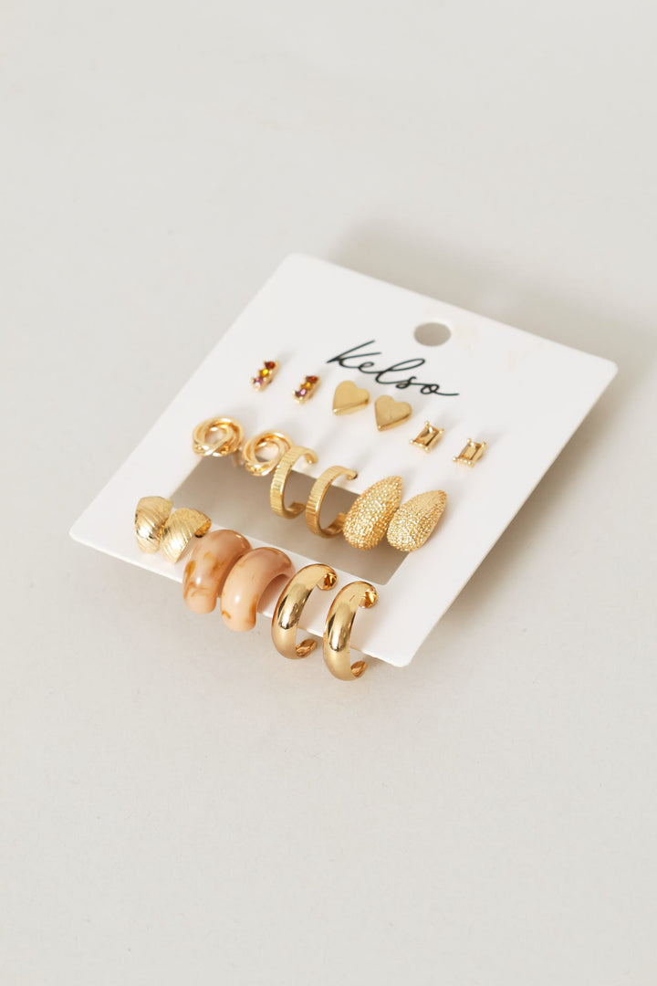 9 Pack Text & Gemstone Stud Hoop Earrings - Gold