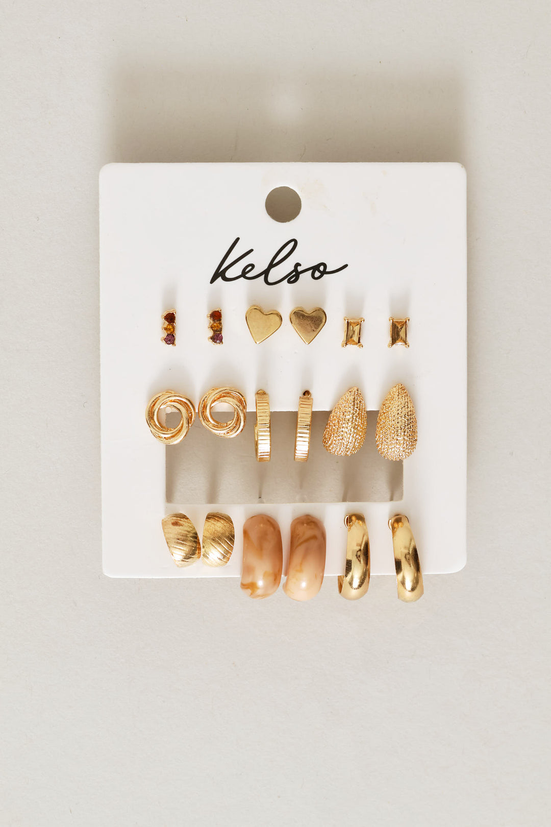 9 Pack Text & Gemstone Stud Hoop Earrings - Gold