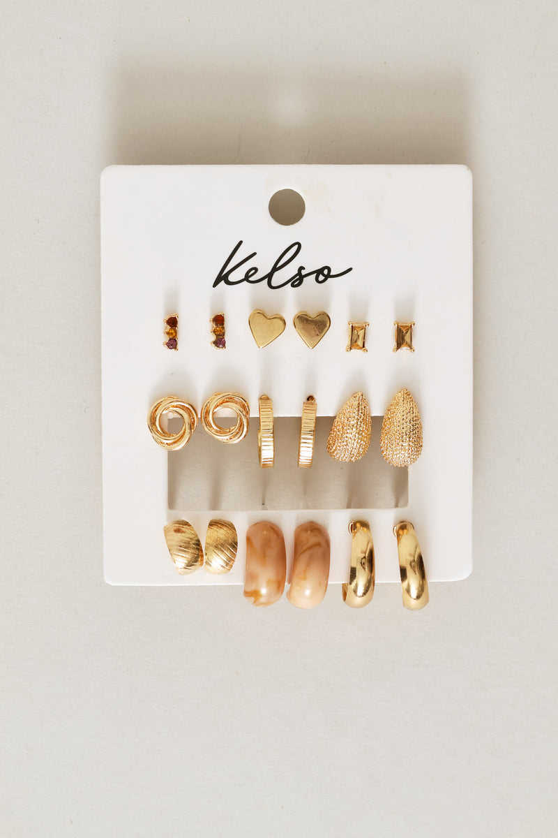 9 Pack Text & Gemstone Stud Hoop Earrings - Gold