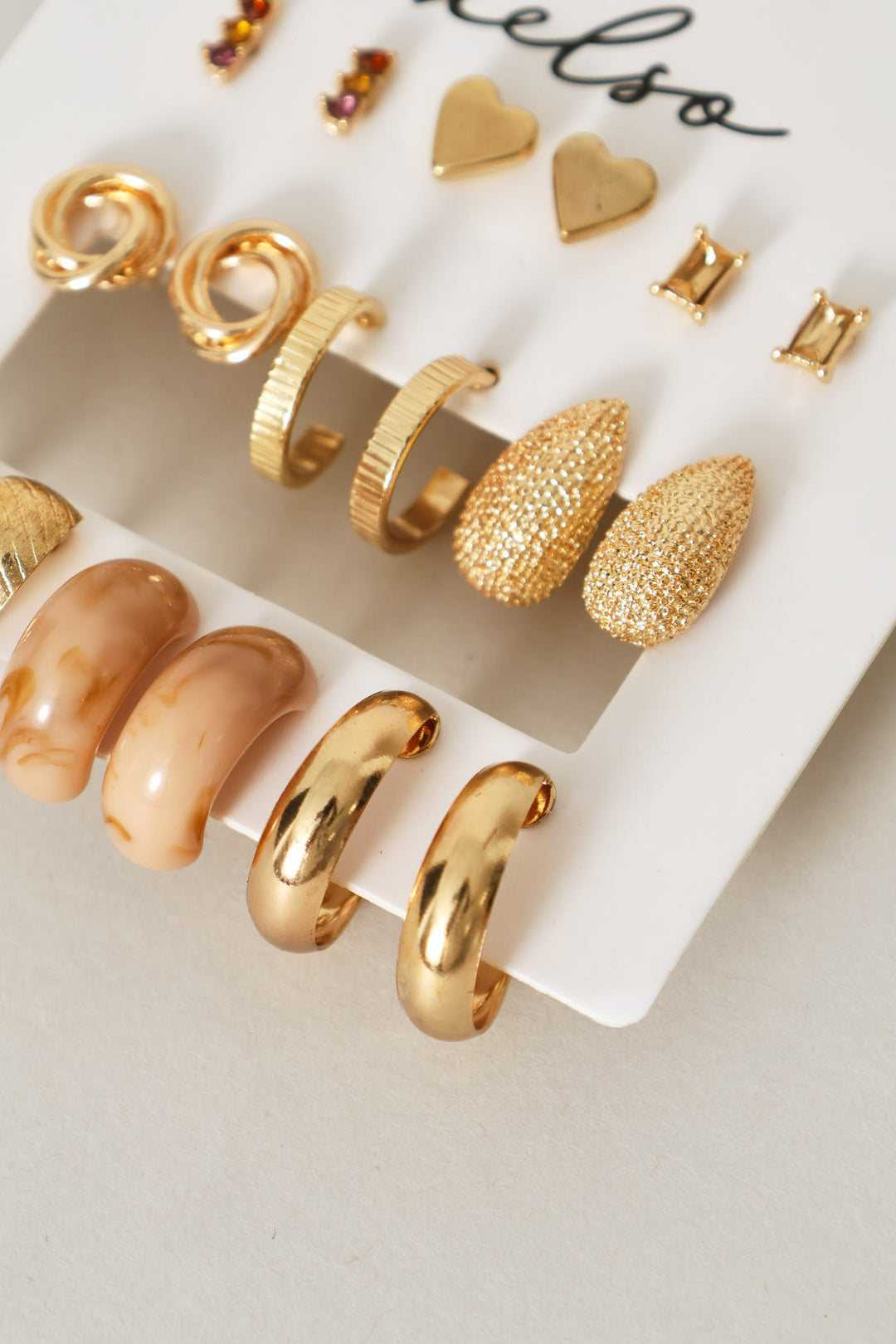 9 Pack Text & Gemstone Stud Hoop Earrings - Gold