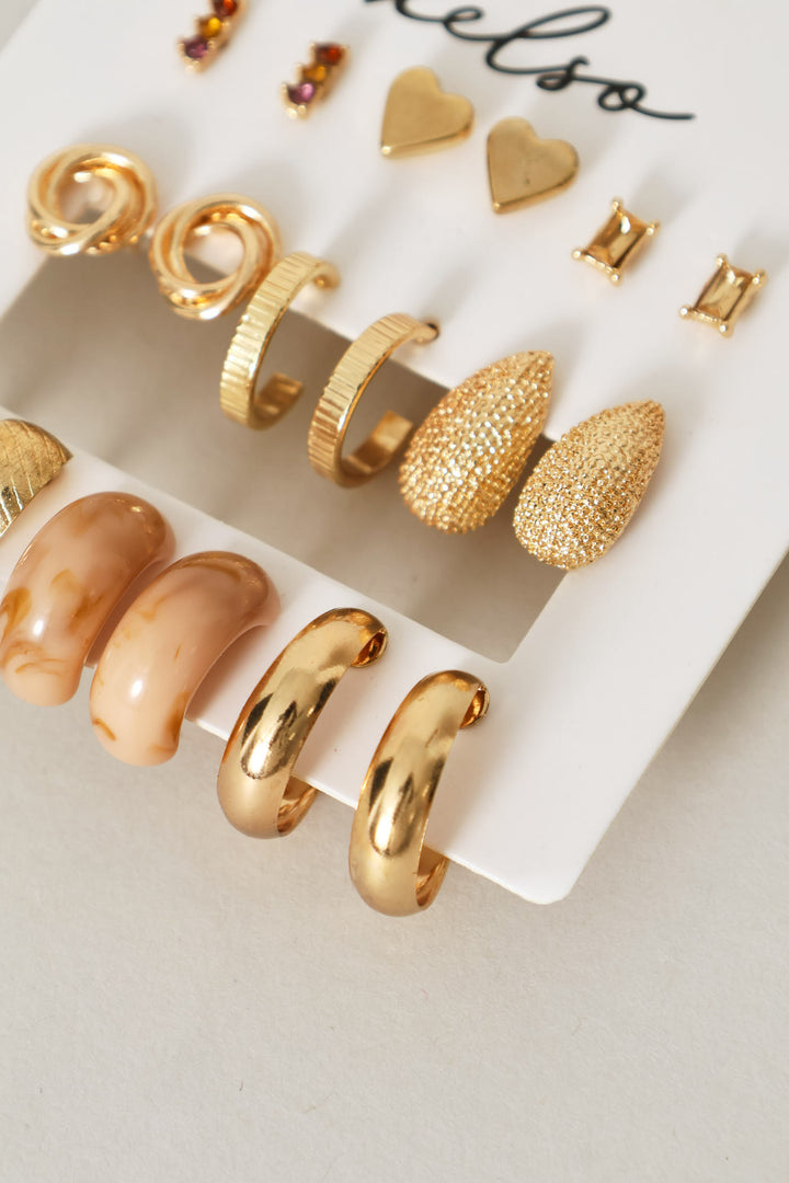 9 Pack Text & Gemstone Stud Hoop Earrings - Gold