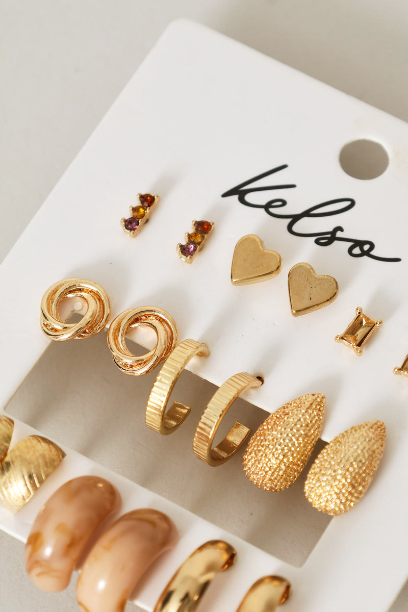 9 Pack Text & Gemstone Stud Hoop Earrings - Gold